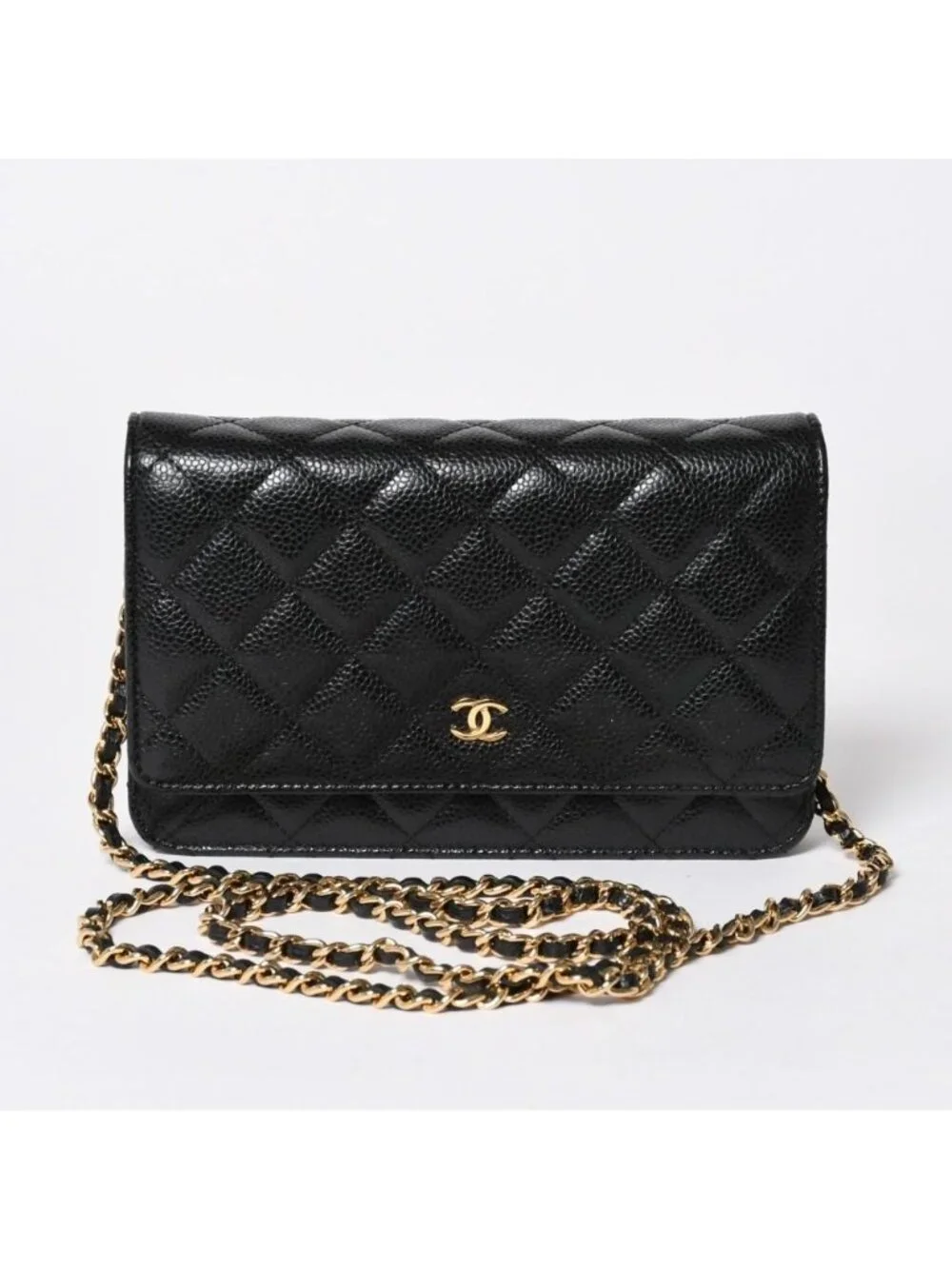 Chanel Chain Wallet CC Logo Caviar Leather Black Gold Shoulder Bag